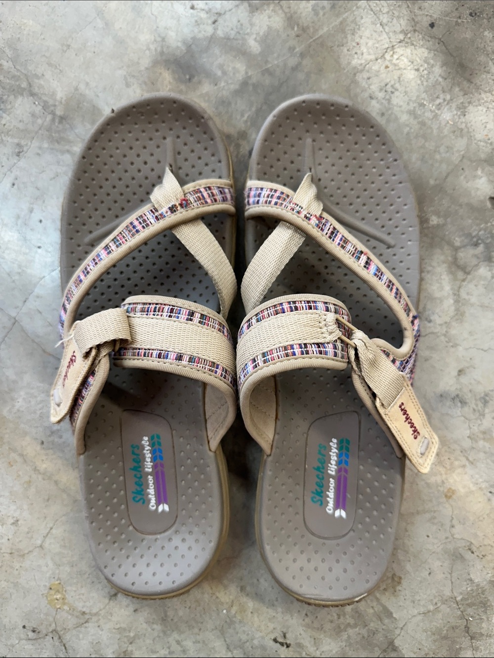 Skechers Taupe Beige Strappy Sandals with Multicolor Trim